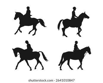 riding horses silhouettes set. Silhouettes of Riders and Horses in Different Gaits. Horse black icon on white background.