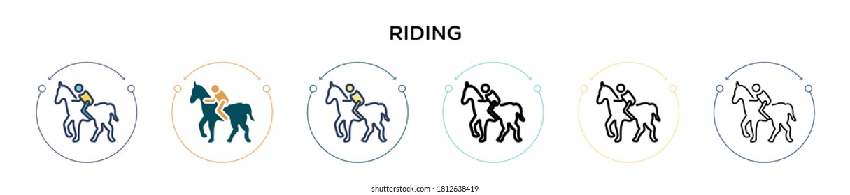 Riding icon in filled, thin line, outline and stroke style. Vector illustration of two colored and black riding vector icons designs can be used for mobile, ui, web