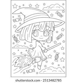 riding kawaii witch halloween coloring book page for kids and adults creative coloring mindful relaxation activity