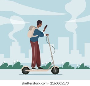 Riding kick scooter. Concept of urban lifestyle. Guy uses modern, mobile transport to move around city. Design for advertising and selling electric scooters. Cartoon flat vector illustration.
