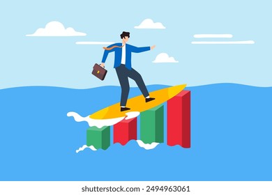 Riding market waves, strategic agility, data-driven adaptability, navigating economic trends concept vector illustration. Businessman surfing on bar graphs