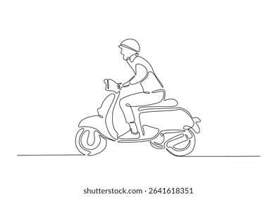 Riding motor scooter in continuous one line drawing. Single line art illustration of person ride retro scooter. Editable vector.