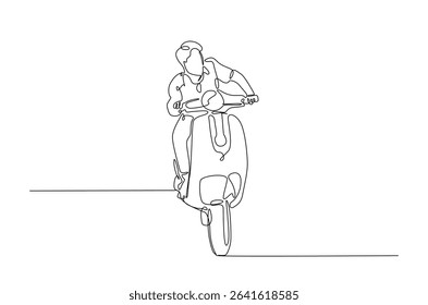 Riding motor scooter in continuous one line drawing. Single line art illustration of person ride retro scooter. Editable vector.