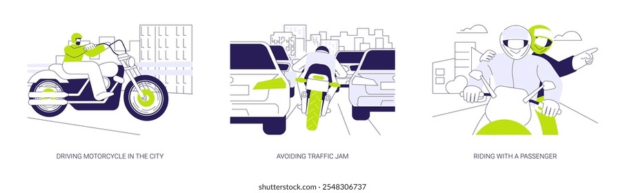 Riding motorbike abstract concept vector illustration set. Man in helmet driving motorcycle in the city, avoiding traffic jam, riding with a passenger, extreme personal transport abstract metaphor.