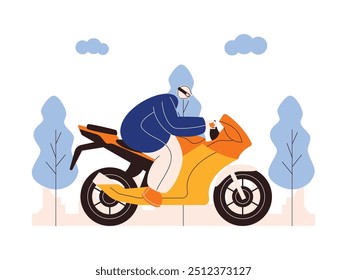 Riding a motorbike at high speed on a special track, extreme sports vector illustration.