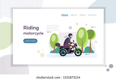 Riding motorbike website landing page. Young man riding motorcycle. Traveling men in helmets on a motorcycle in summer, active lifestyle, driving in the park cartoon vector illustration