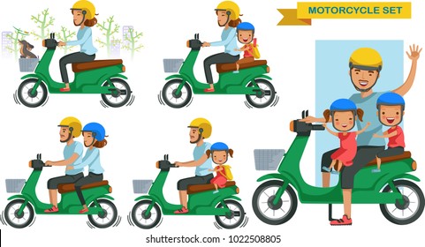 Riding motorcycle family set. person gestures are driving motorcycles. Couple riding a motorcycle. Drive safely with son and daughter, wear a helmet. Vector illustrations isolated on white background