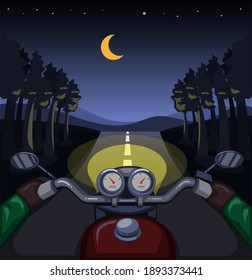 riding motorcycle in forest night, rider view dashboard scene concept in cartoon illustration vector