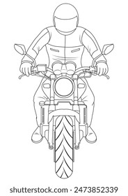 Riding motorcycle from front view in outline and vector format.