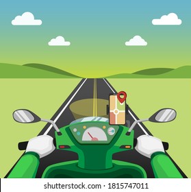 Riding motorcycle with gps map smartphone on dashboard from pov view. courier delivery service online transportation rider concept in cartoon illustration vector