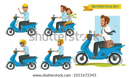 Riding motorcycle set. Man gestures are driving many motorcycles. Thumbs up. Couple riding a motorcycle. Driving in the rain. Drive safely, wear a helmet. Businessmen drive to work. vector isolated
