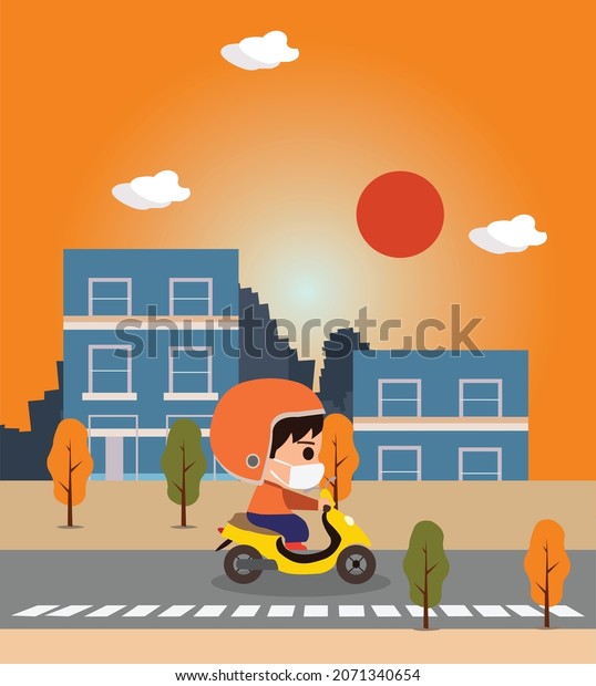 Riding motorcycle set.  Thumbs up. Single\
riding a motorcycle. Driving in the rain. Drive safely, wear a\
helmet. Businessmen drive to work. vector\
isolated