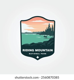 riding mountain national park vintage outdoor logo vector illustration design, moose on the clear lake watching the sunset illustration design