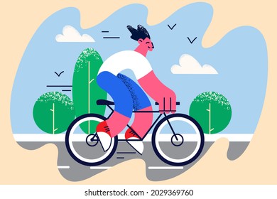 Riding on bicycle and summer activities concept. Smiling positive young man cartoon character riding fixed gear bicycle in park during summer with green trees around vector illustration 