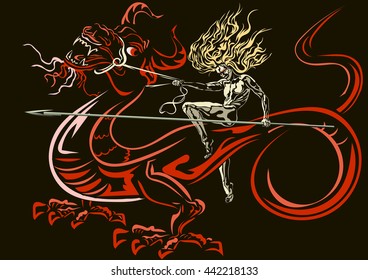 riding on a dragon warrior holding a spear, on a dark background