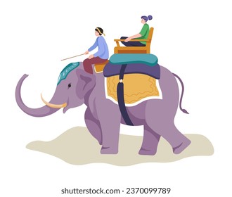 Riding on elephants, eco tourism and exotic experience for tourists. Isolated people sitting on large mammal guided by local person. Adventure and trip, vacation or rest. Vector in flat style