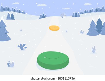 Riding on inflatable ring flat color vector illustration. Snow tube for sledging. Colourful air filled sleds. Winter activities 2D cartoon landscape with snowy forest hills on background