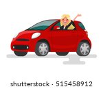 Riding on the machine. Happy blond woman rides in the car. Vector illustration in cartoon style