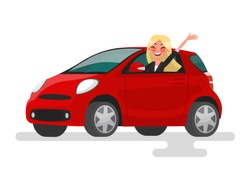 Riding On The Machine. Happy Blond Woman Rides In The Car. Vector Illustration In Cartoon Style