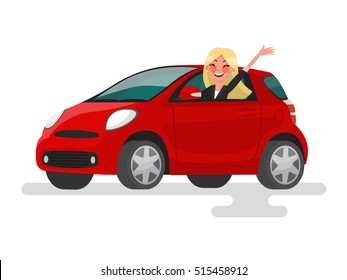 Riding on the machine. Happy blond woman rides in the car. Vector illustration in cartoon style