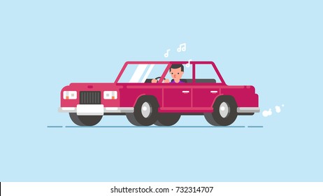 Riding on the machine. Happy man rides in the car. Flat vector illustration