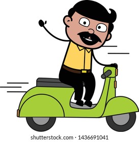 Riding on Scooter and Gesturing with Hand - Indian Cartoon Man Father Vector Illustration