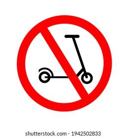 Riding on scooters is prohibited. Warning red round sign. The sticker. Vector flat illustration