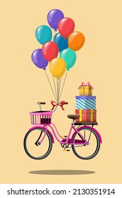 Riding A Pink Bicycle With A Basket In Front Of It Floating In A Large Bunch Of Balloons. At The End Are Several Gift Boxes. 