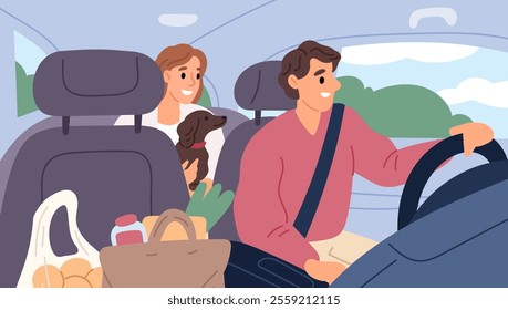 Riding in private transport. Driving vehicle. Driver carries passenger with dog in back seat of car. Shopping packages. Supermarket bags. Couple in automobile cabin