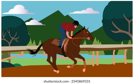 cavalgar em um cavalo de corrida. Equitação, treinamento para um cavalo de corrida em uma área rural montanhosa. Corrida de cavalos, esporte equestre. Ilustração plana isolada sobre fundo branco