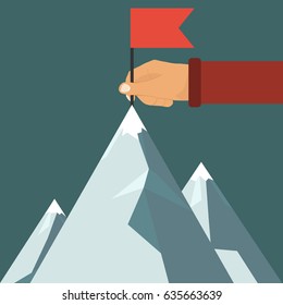 Riding a red flag to the top of the mountain. A successful mission. Flat design, vector illustration, vector.