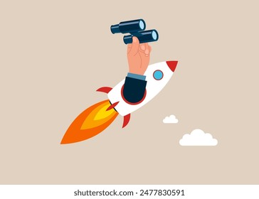 Riding rocket and using binoculars to see innovation to succeed. Funding startup company or venture capital investment. Vector illustration