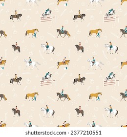 Riding school, kids learn to ride a pony, seamless vector pattern