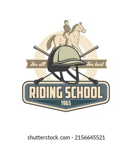 Riding school retro vector icon with horse, equestrian sport jockey, racehorse rider helmet and crossed whips, saddle and boots. Isolated equine harness and horseback riding equipment icon