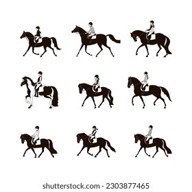 Riding school students, trotting, black and white vector illustration