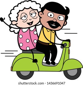 Riding Scooter with Grandma - Indian Cartoon Man Father Vector Illustration