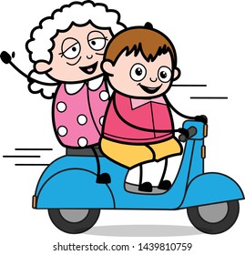 Riding Scooter with Grandma - Teenager Cartoon Fat Boy Vector Illustration