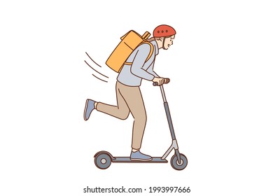 Riding scooter and having fun concept. Young positive lady cartoon character in helmet with backpack riding scooter and feeling excited of freedom vector illustration 