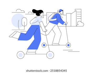 Patineta de equitação ilustrações isoladas do vetor de desenhos animados. Amigos universitários montando scooter juntos, atividade ao ar livre do estudante, transporte ecológico, campus entretenimento vetor cartoon.