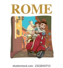 Riding Scooter in Rome, vector illustration. a happy couple enjoy riding scooter together in Rome, Italy. can be used as t shirt print or merchandises.