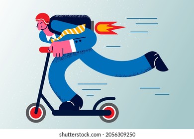 Riding scooter to work concept. Young businessman in suit and helmet riding electrical scooter for fast getting to office vector illustration