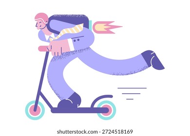 Montar en scooter al concepto de trabajo. Hombre de negocios joven en traje y casco montando scooter eléctrico para llegar rápidamente a la Ilustración vectorial de la oficina