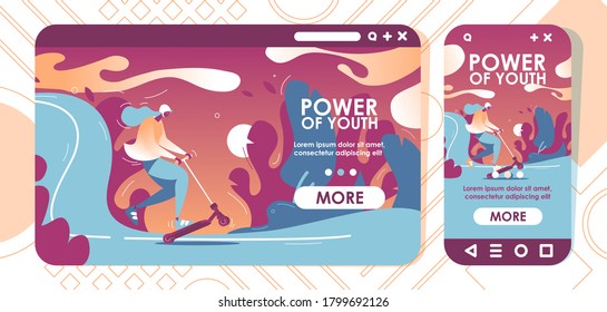 Riding scooter youhg girl landing page for cross platform devices. Vibrant colors sport and extreme lifestyle design