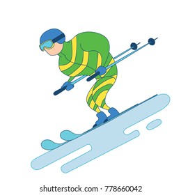 Riding skier. The athlete moves down the hill. Winter games vector illustration. 