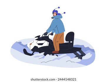 Riding snowmobile. Happy character driving snow mobile. Motor sleigh rider, extreme vehicle, transport for adventure, travel in cold frost. Flat vector illustration isolated on white background