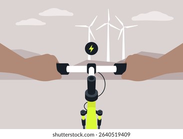 Riding through an open landscape, hands grip the handlebars of an electric bike while wind turbines turn gently in the background, showcasing renewable energy in action