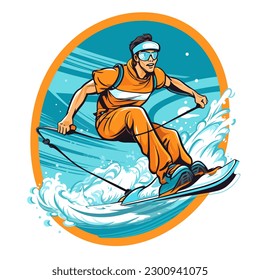 Riding waterski in motion, extreme water sport activity on summertime vacation. cartoon vector illustration, label, sticker, white background