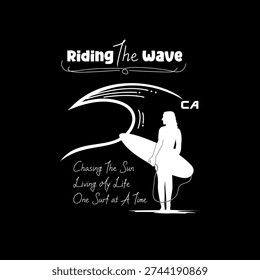 riding the wave design beach tee shirt

