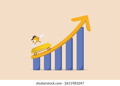 Riding the Wave of Success Cartoon Coin on a Gold Bar Trolley Ascending a Growing Business Chart with an Upward Arrow.