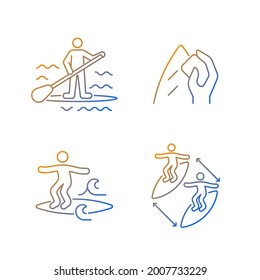 Riding waves in ocean gradient linear vector icons set. Paddle board surfing. Surfboard wax. Noseriding technique. Thin line contour symbols bundle. Isolated vector outline illustrations collection